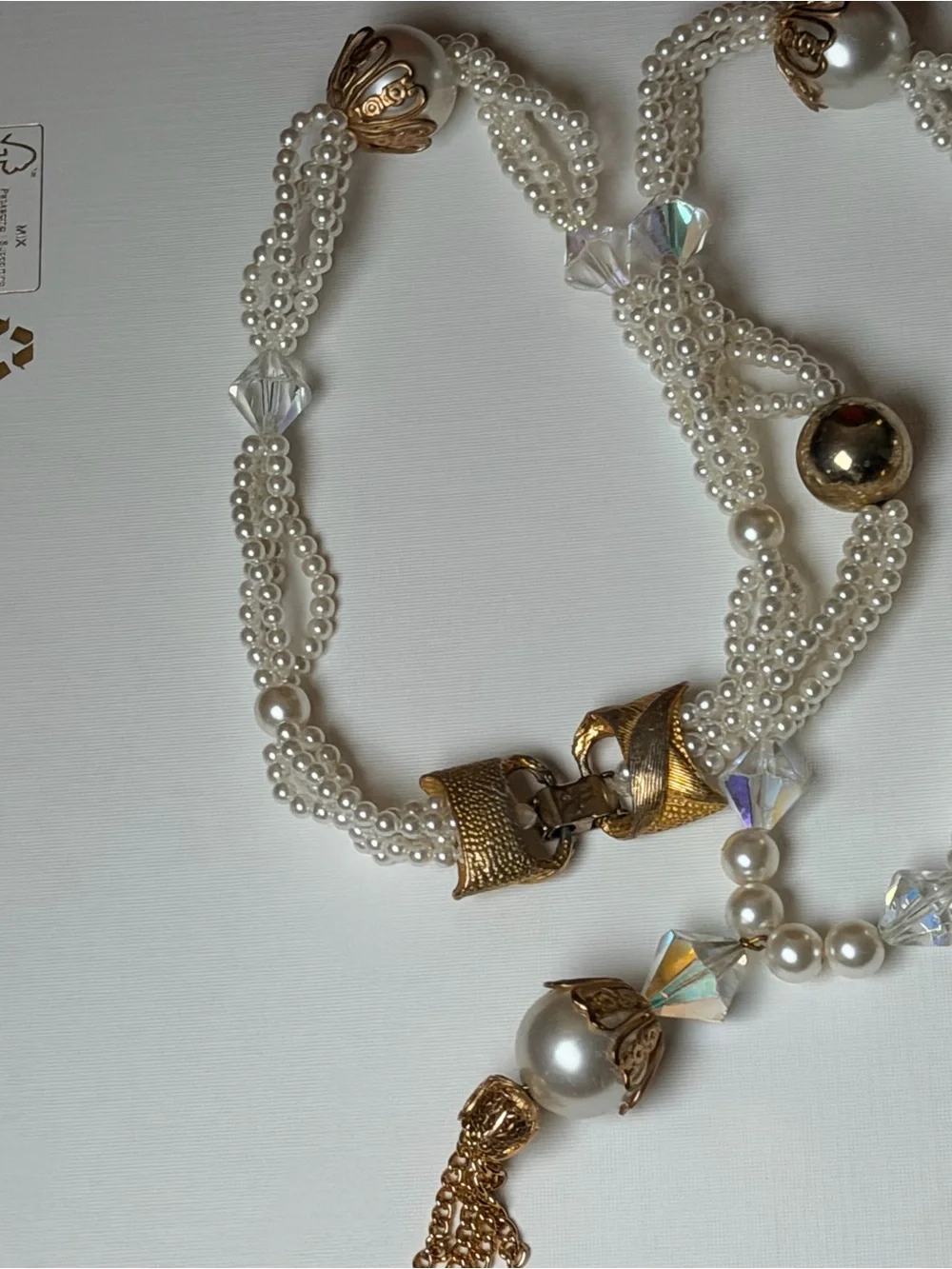 VINTAGE signed CORO faux pearl and crystal tassel necklace